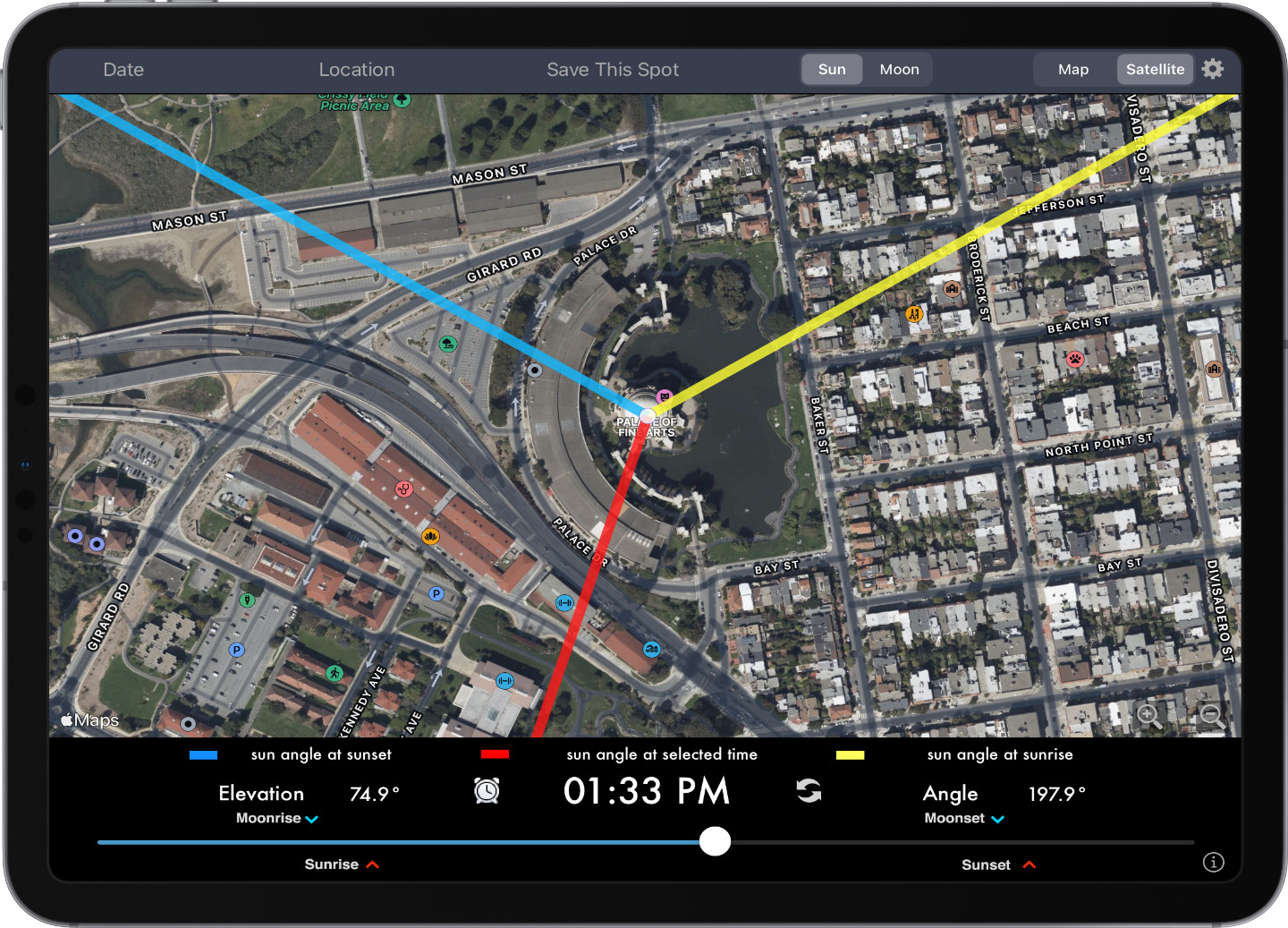 Track the angle of Sun or Moon at any location, any time.