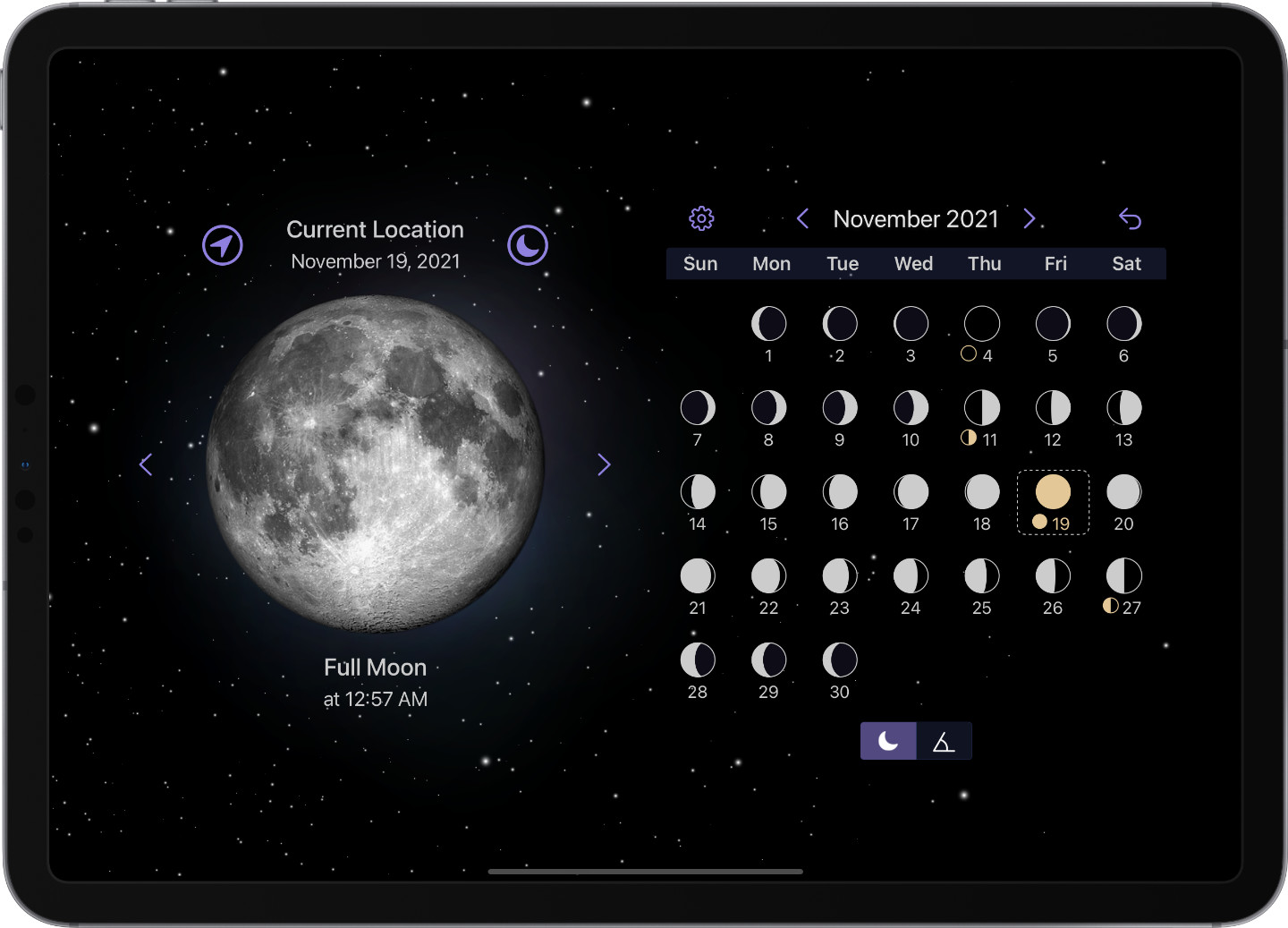 Moon phase calendar based on your location in a beautiful interface.